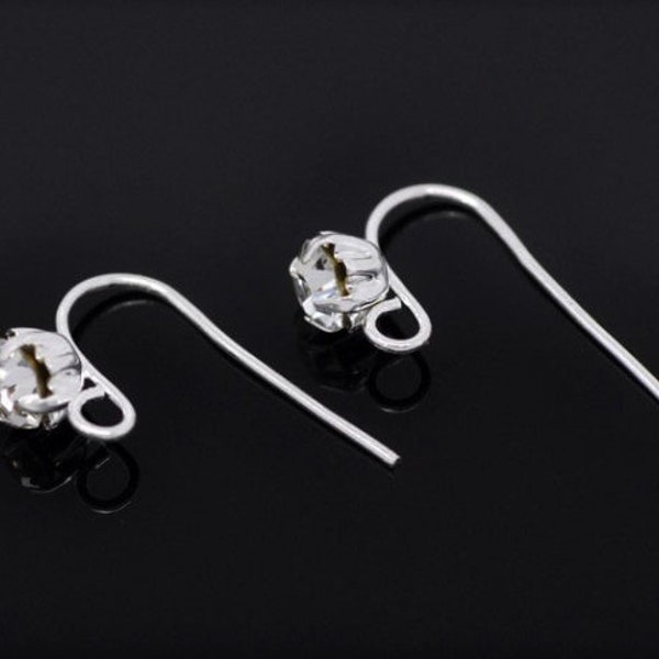 2 or 4 or 8 ear supports, curved HOOK type 18X12mm + transparent rhinestone 4mm - Earring hooks + 4mm clear rhinestone earring hooks