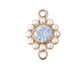 2 or 4 round connectors, Hte Couture Baroque / Victorian / retro, gold base / opalescent white cabochon + mini pearly white beads, 21x15mm