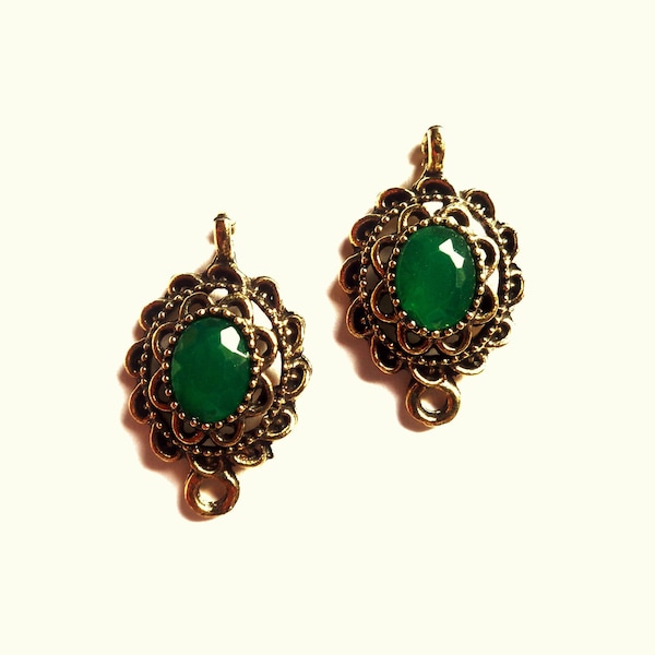 RARE ! 2 Retro Baroque Victorian Medieval connectors, oval shape, dark green cabochon**, finely worked filigree old gold, 26x15mm