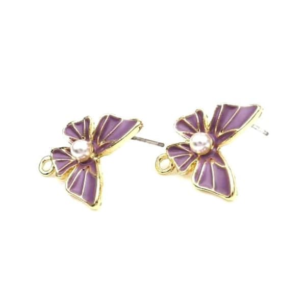 2 puces d'oreilles AILES DE PAPILLON, doré / émail violet doux, 13x10mm avec anneau - 2 Butterfly earring studs w/loop, gold + purple enamel