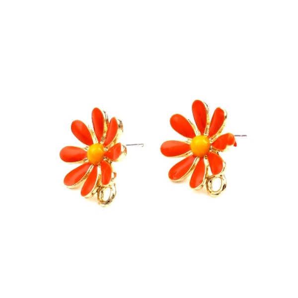 1 or 2 x Pair of enameled FLOWER stud earrings, shabby / boho, orange red / yellow on gold, customization ring, 14x17mm