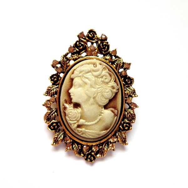 Retro Victorian-style cameo brooch, old gold plant decor / topaz rhinestones / taupe cameo, 60x45mm, to customize or not as a brooch or necklace