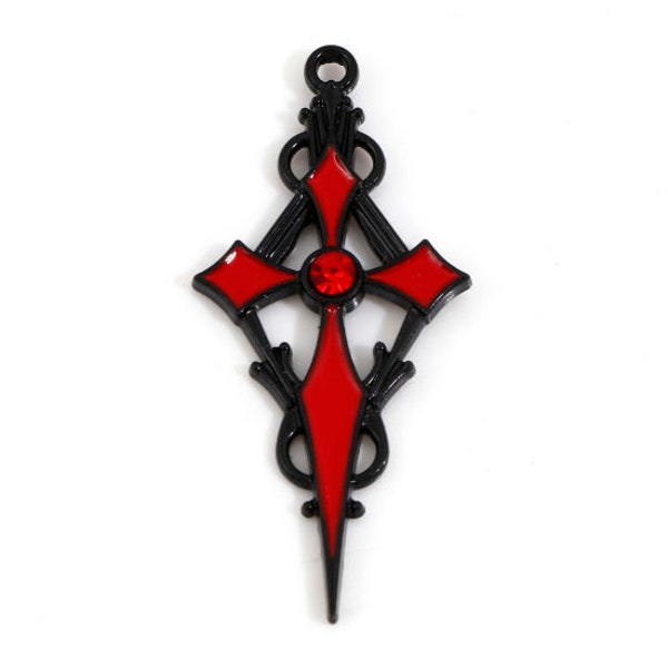 Pendentif CROIX, esprit GOTHIQUE GOT Game of Thrones, symbole religieux, métal noir / laqué et strass rouge, 48x22mm