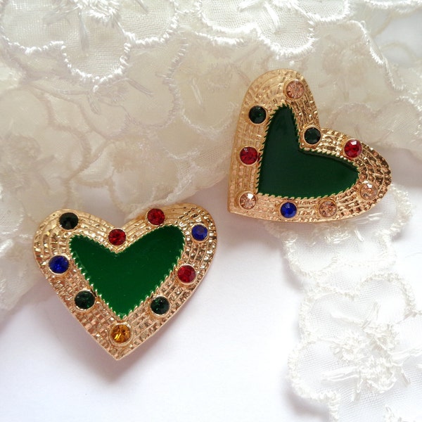 RARE ! 2 Pendentifs connecteurs COEUR 30X25mm, doré / laqué vert / strass multicolores, Haute Couture inspiration  KLIMT, 2 anneaux arrières