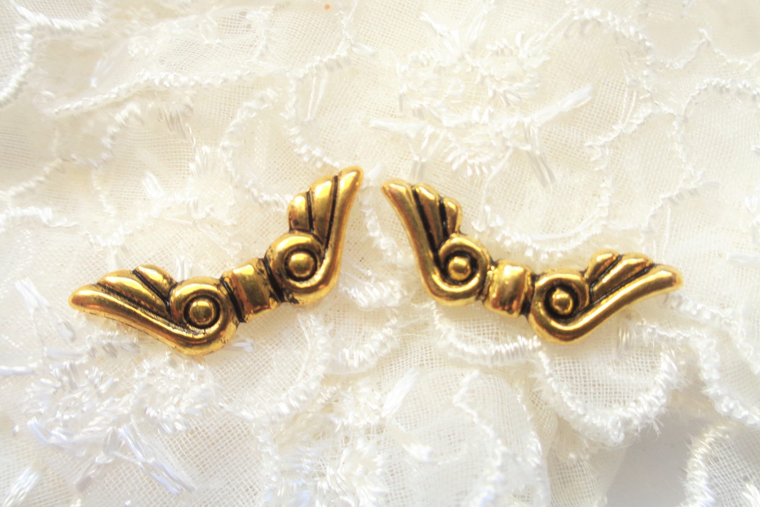 3 delicate ANGEL WING beads, antique gold, 20x6mm - 3 cute antique gold tone Angel Wing beads