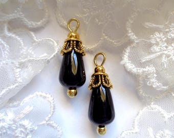 2 or 4 pearl pendants, Baroque Victorian Retro spirit, black drop beads / cup and antique gold pearl, 23x8mm