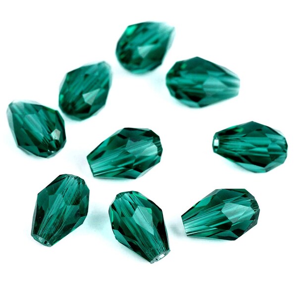 6 perles gouttes, VERT CANARD PAON, 12x8mm, verre facetté translucide - 6 peacock green glass faceted tear drop beads