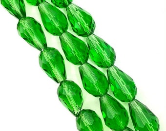 4 dark green drop beads, 12x8mm, translucent faceted glass - 4 tear drop beads dark green faceted glass