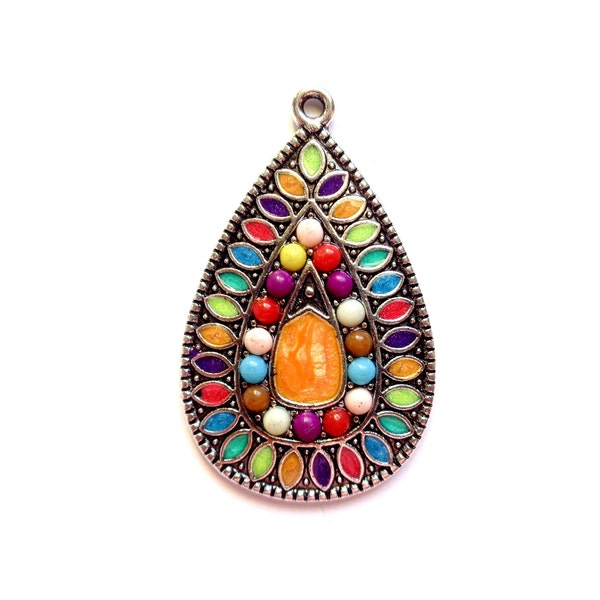 1 ou 2 x Pendentif goutte ethnique / bohème / gypsy, métal argenté antique, micro billes + décors émaillés multicolores, 33X20mm