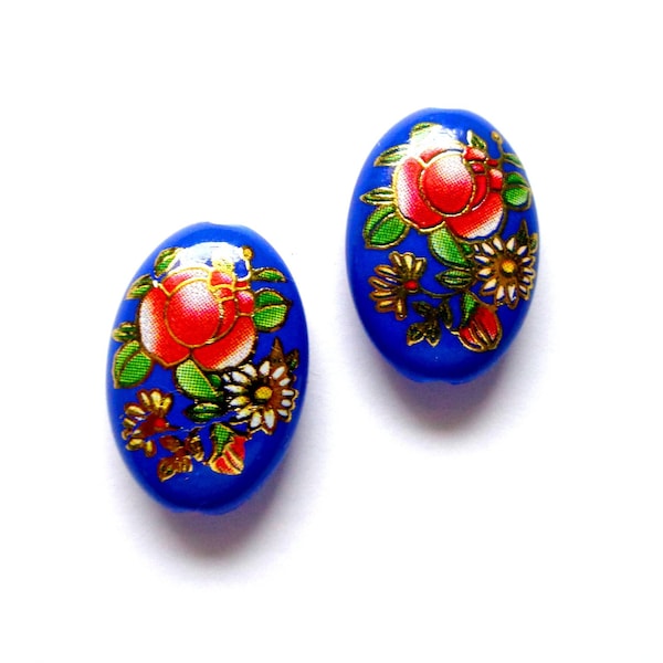 2 Perles palet ovale, acrylique bleu roi, décor floral, esprit japonais, 19*14mm - 2 flat oval  acrylic beads, deep blue with red flower