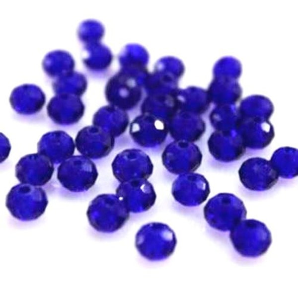 50 ou 100 mini perles boulier, 3x2 / 4x3 mm, verre facetté translucide bleu vif - 50 or 100 tiny deep blue faceted glass donut beads