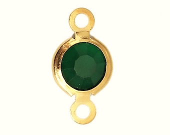 Round connector, DARK GREEN faceted glass s/light golden steel, 12x6mm - Dark green round glass connector, gold stainless steel frame