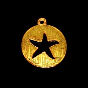 Può includere: Un ciondolo in metallo color oro con una stella ritagliata da una forma circolare. Il ciondolo ha un piccolo anello nella parte superiore per il fissaggio. Lo sfondo è nero.