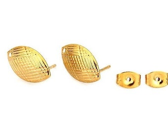 2 Puces d'oreilles forme marquise, motif ART DECO, acier doré structuré, 15x9mm + trou - 2 almond earring studs, gold stainless steel w/hole