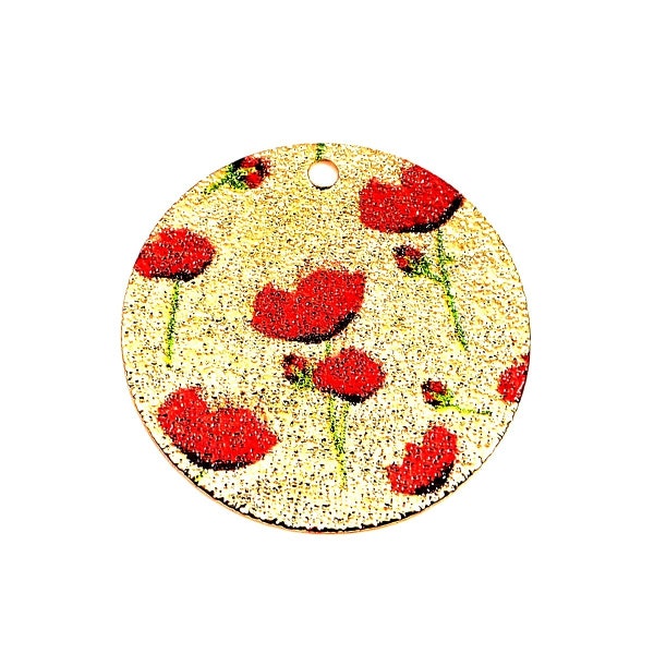 2 or 4 round sequin pendants, POPPY floral pattern, painted granite gold metal base, diameter 20mm, boho, hippie, gypsy spirit