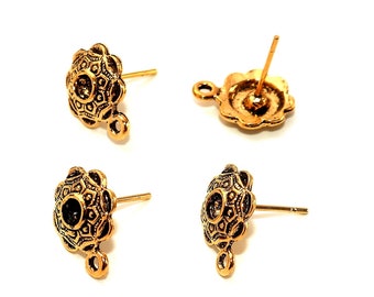 4 (2 pairs) or 10 (5 pairs) stud/stud ear supports, ethnic aged gold metal, round shape 14mm, ring 1mm