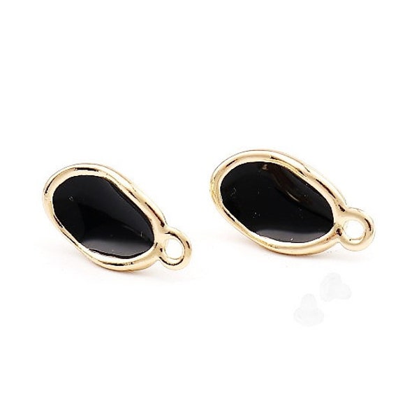 2 supports de boucles d'oreilles, clous / puces + anneau, forme ovale ondulée, doré clair et émail noir, 18 x 15 mm,