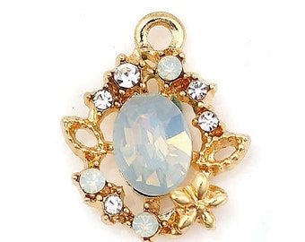 RARE! 2 oval charms, retro Victorian Baroque, opalescent white cabochon, rhinestone and small flower decoration, gold base, 18x14mm