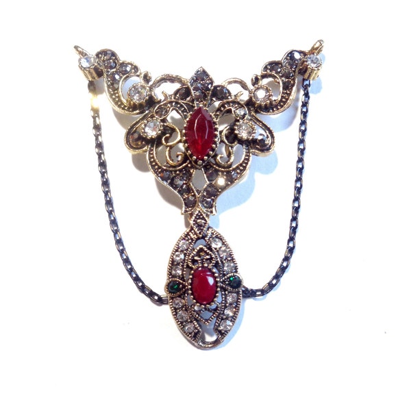 RARE! Connecteur pour collier Victorien / Baroque, triangle à entrelacs, bordeaux / transparent / marcassite s/vieil or, chaînettes, 53x60mm