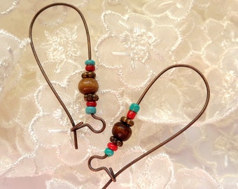 BOHEME sleeper earring supports 40*15mm, red copper + multi-colored beads - Antique copper long earring wires with color beads.