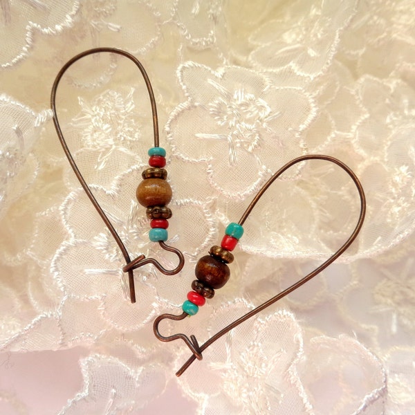 Supports d'oreilles dormeuses BOHEME 40*15mm, cuivre rouge + perles multicolores - Antique copper long earring wires with color beads.