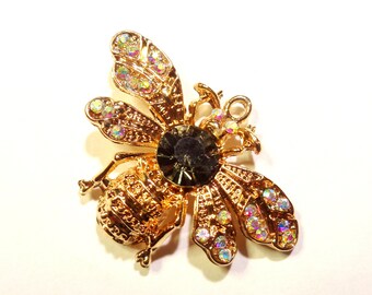 RARE! 1 or 2 Art Nouveau / Baroque Pendants, Chic Bee PRECIOUS INSECT, iridescent transparent rhinestone + gray cabochon on gold, 37*27mm