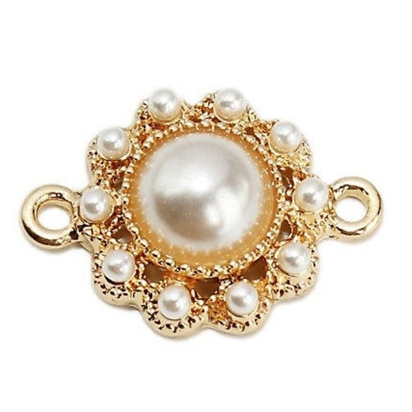 2 round connectors, Haute Couture Baroque / Victorian / retro / vintage, gold base / cabochon and mini pearly white pearls, 21x15mm