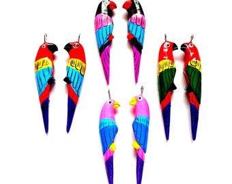 RARE ! 2 Pendentifs PERROQUET 3D, +/-5cm, vintage années 90, bois peint multicolore 4 versions - 2 multicolour 3D PARROT charms painted wood