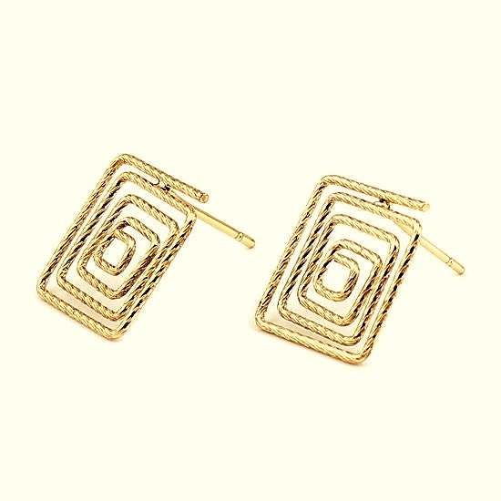 SPIRAL SQUARE ear studs, structured gold, graphic minimalism, 15x13mm - Structured light gold square scrolled earring studs