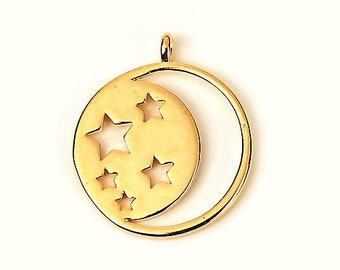 Pendentif rond semi ouvert, thème stellaire / étoiles, acier doré, 15x18mm - Semi open round pendant, stellar thema, gold stainless steel