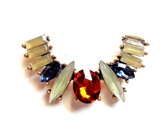 RARE! ART DECO half-circle connector, old gold base, multi-shaped cabochons, opalescent cream white / blue / topaz, back rings, 4x2cm