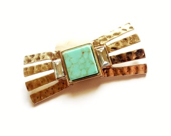 RARE! Large ART DECO bow tie connector pendant, 2 back rings, hammered gold / turquoise + transparent cabochons, 52x22mm