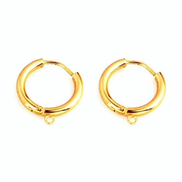 Supports d'oreilles DORMEUSE ronde, 304 Acier inoxydable doré, 12mm diam + anneau - Open round gold stainless steel earring leverback w/loop