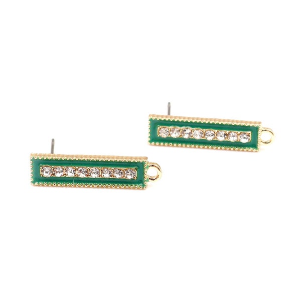 2 supports d'oreilles clous / puces, géométriques rectangulaires, + anneau, doré clair / strass transparents / et émail vert, 23 x 14 mm,