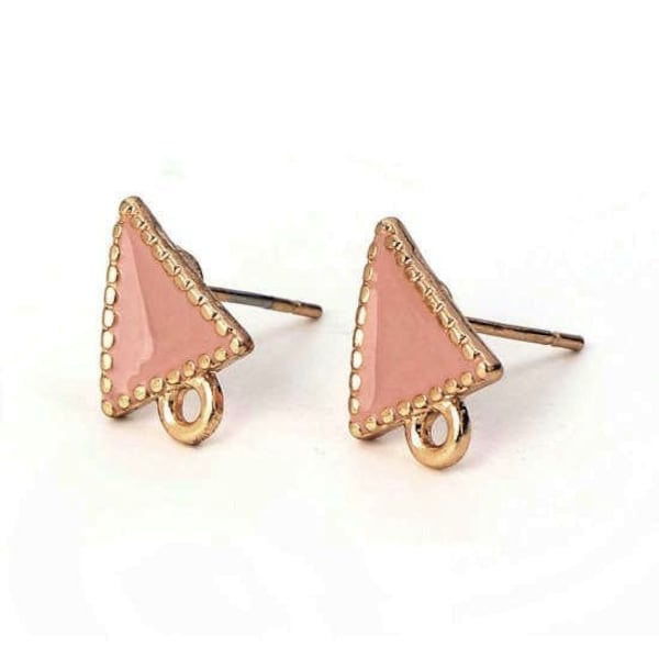 2 puces d'oreilles TRIANGLE, + anneau, doré clair émaillé rose poudré, 13x10mm - 2 triangle stud earring, light gold frame dustpink enameled