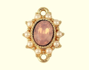 2 or 4 x Baroque / Victorian / retro style oval connector, opalescent pink faceted cabochon / pearly white mini pearls, s/gold, 17x13mm