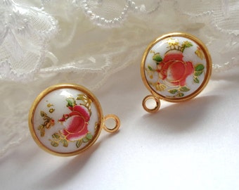 RARE ! 2 round earrings 12mm + ring, 304 gold-plated stainless steel, white cabochon with red floral decor, Japanese Tensha spirit