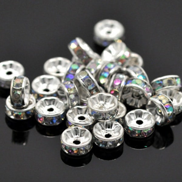 25 perles rondelles intercalaires 8mm, argenté + strass TRANSPARENT IRISE,  - 25 silver tone spacer beads 8mm diam. w/ AB clear rhinestones