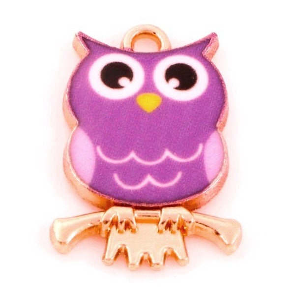 2 breloques HIBOU de style naïf amusant, émail mauve violet s/doré 22*15mm - Funny style purple violet enameled owl, gold frame