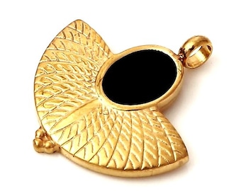 Pendentif coquillage / éventail, acier inoxydable 304 doré + émail noir, 21*20mm - 304 Gold stainlesss steel charm / black enamel, fan shape