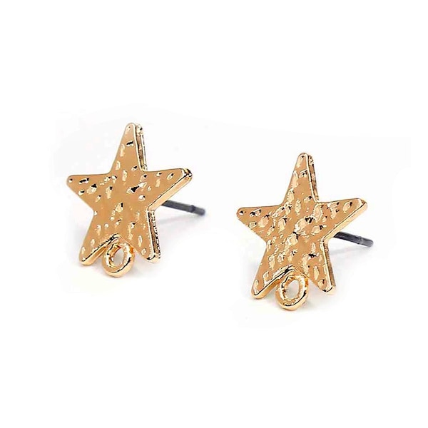 2 supports puce d'oreille, forme ETOILE + anneau, doré clair martelé, 13x11mm - 2 stud earring supports, star shaped, hammered light gold