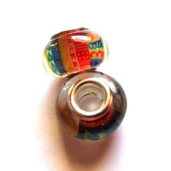 2 European beads 14 mm, ethnic / graphic / gypsy / hippie µ / boho, lampwork spirit, with large 5 mm hole - multi-colored