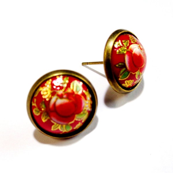 RARE ! 2 Clous puces d'oreilles 12mm, forme ronde, métal bronze + cabochon esprit tensha floral rouge