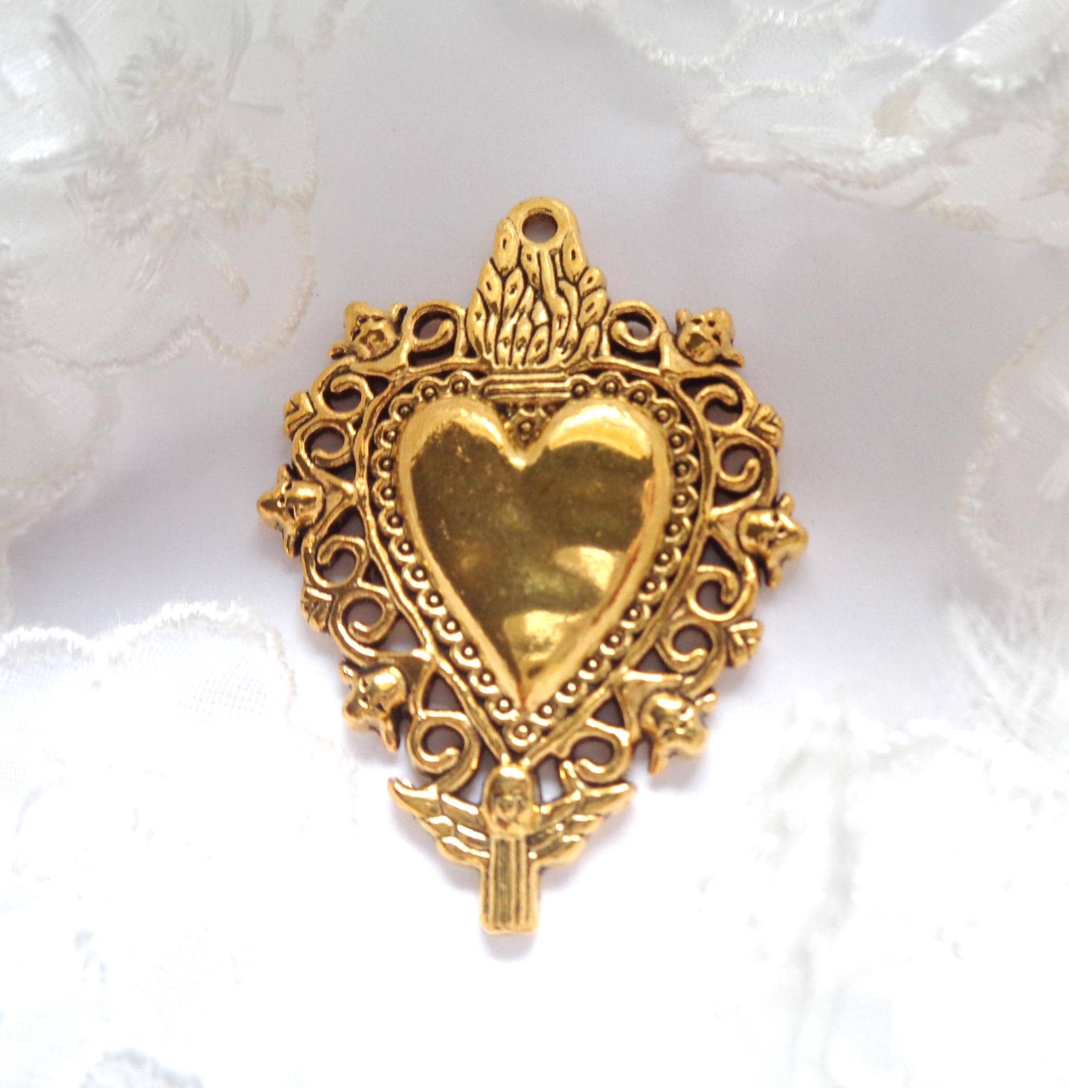 1 or 2 x Pendant, Victorian / Gothic Sacred Heart, Ex Voto, religious, old gold, 41x29mm - Religious Sacred Heart Pendant, dark gold
