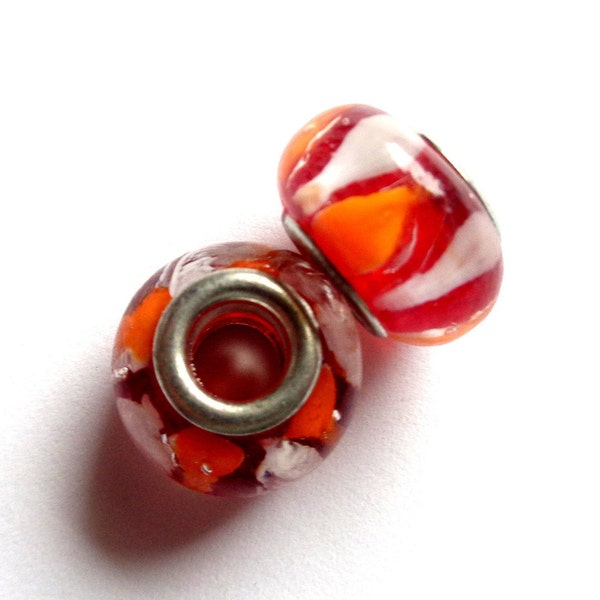 3 perles européennes 14mm, orange clair et foncé / blanc, trou 5mm, résine esprit lampwork - 3 european beads deep & light orange / white