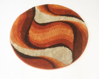 vintage 70s modernist DESSO rug rya | round mid century modern eames era 70s op art shag loft retro mod rug | DESSO wool pop design