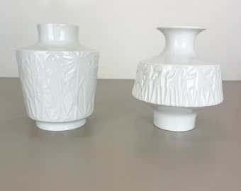 Set of 2 OP Art Biscuit Porcelain Vases by Edelstein Bavaria, Germany, 1970s Stunning Glaze midcentury modern panton eames era