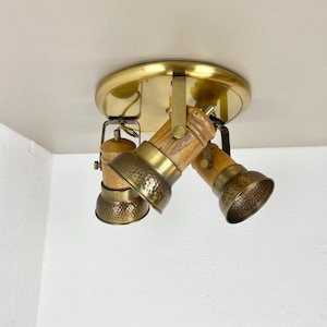 modernist 3-spot brass and oak flushmount ceiling wall light by TEMDE Lights, Germany 1970s | SCONCEs Wall light Sputnik Space age