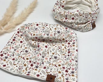 Kinder Mütze und Loop Schal für den Herbst Floral Blumen Wildblumen Set / einzeln für Mädchen Beanie Wrihnachtsgeschenk Übergangsmütze