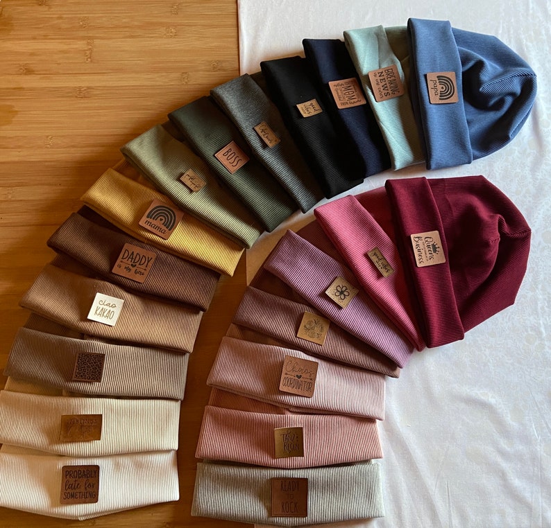 Autumn winter beanie hat for adults made of ribbed jersey with faux leather label 20 colors personalized for women and men image 6